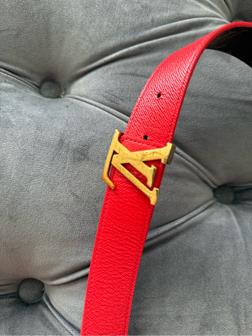 Louis Vuitton Brown Red Monogram Belt reversible Gold LV Buckle size 85 - Picture 7 of 7